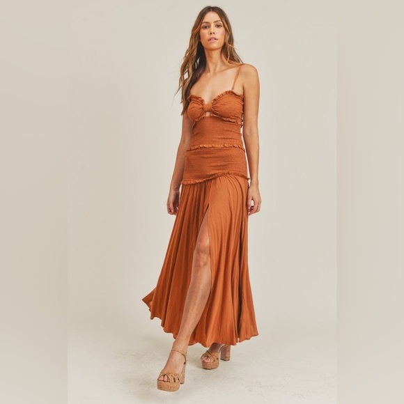 Mable Dresses & Skirts - MABLE Strapless Smocked Knot Front Side Slit Maxi Dress